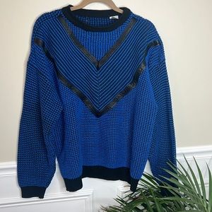 Vintage 90s streetwear leather trim knit geometric print blue and black sweater